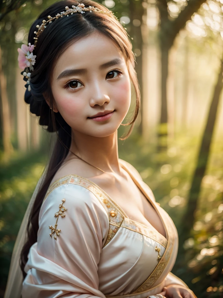 Great quality, masterpiece, High Resolutiupon, One girl, blush, (Cute Smile: 0.8), Star Eyes, chinese hanfu, hair accessory, jewelry, beauty, upon_body, Tyndall effect, Realistic, Peach Blossom Forest, Light Edge, Two-tupone Lighting, (Skin with attention to detail: 1.2), 8k ウルトラHD, Digital SLR, Soft Light, high quality, Volumetric Lighting, Voyeur, photograph, High Resolutiupon, 4K, 8k, Background Blur