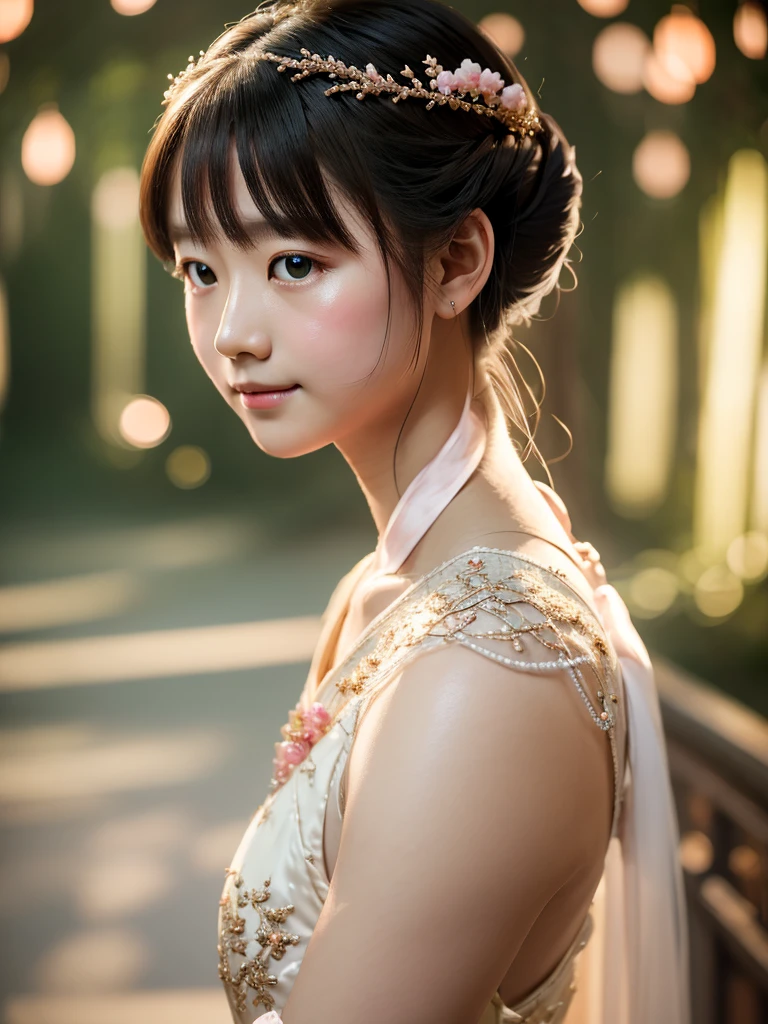 Great quality, masterpiece, High Resolutiupon, One girl, blush, (Cute Smile: 0.8), Star Eyes, chinese hanfu, hair accessory, jewelry, beauty, upon_body, Tyndall effect, Realistic, Peach Blossom Forest, Light Edge, Two-tupone Lighting, (Skin with attention to detail: 1.2), 8k ウルトラHD, Digital SLR, Soft Light, high quality, Volumetric Lighting, Voyeur, photograph, High Resolutiupon, 4K, 8k, Background Blur