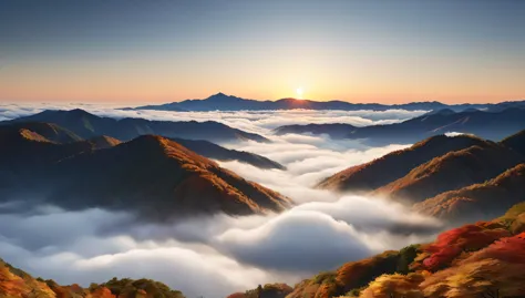 japanese countryside, valley, autumn, sunny, sea of clouds,morning, (highest quality,4k,8k,high resolution,masterpiece:1.2),very...