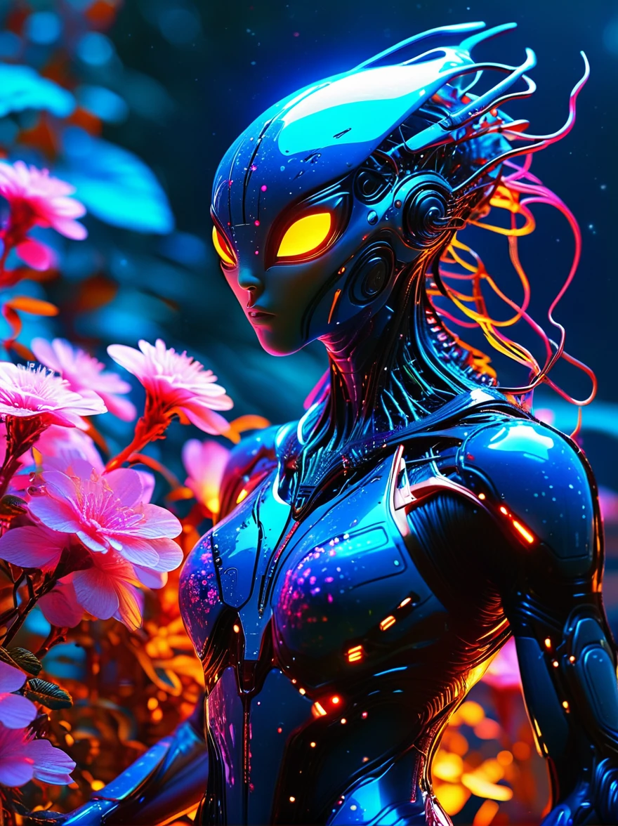 (3D，Cyborg aliens，fear，ais-scrapyrd，Alien alien creatures，Black Light Art)，(使用广角镜头拍摄whole body图像:1.9)，(masterpiece:1.1)，(Highest quality:1.1)，(HDR:1.0)，Ambient Light，Ultra high quality，(Ultra-detailed original illustrations)，((((An alien creature，Possessing multiple brightly colored appendages and eyes that flash in various hues，When it moves in a zero-gravity environmen body emits bioluminescence，Its body is carved with intricate patterns，Similar to the constellations in the sky，Its skin color changes depending on its surroundings，This alien creature lives in an alien terrain filled with bioluminescent plants，These plants emit a soft radiant light，Casts an otherworldly glow across the dark background landscape))))，Double Exposure，Fusion of Fluid Abstract Art，(Fault:1.5)，(Original illustration composition)，(Limited color blending，Extreme art style，Geometric artstyle), Colorful neon lights，High-tech mechanical parts，Metal body，(Detailed Vibranium Design:1.3)，Vibrant colors，Dynamic glow，Reflective metal surface，Bright environment，Dynamic poses，Exquisite existence，Skills Improvement，Interlocking mechanical gears，Stylish design，motion blur effect，Detailed metal treatment，Sci-fi atmosphere，Streamlined aerodynamic shape，Laser scanning pattern，Holographic projection，LED light track，Beautiful and unforgettable，Advanced sensors，Complex algorithms，Ominous and mysterious atmosphere，Electric Spark，Shiny chrome，Propulsion systems of the future，(Best quality，8k，high resolution，masterpiece:1.2)，Super detailed，(whole body:1.8), magazine photography，Popular on social platforms，((Dopamineism))，(((Dopamine color matching)))，Dopamine，(in the style of Y2K)，Luo Erchun，3D古风，Oriental poetry and painting