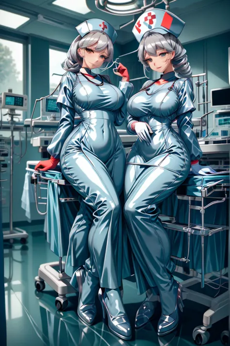 nurse uniform,hospital, latex nurse suit,nurses,busty,elbow gloves,labcoat,grey hair woman,red eyes , gigantic ,medical instrume...