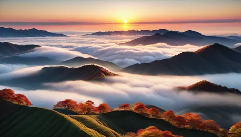 japanese countryside, valley, autumn, sunny, sea of clouds,morning, (highest quality,4k,8k,high resolution,masterpiece:1.2),very...