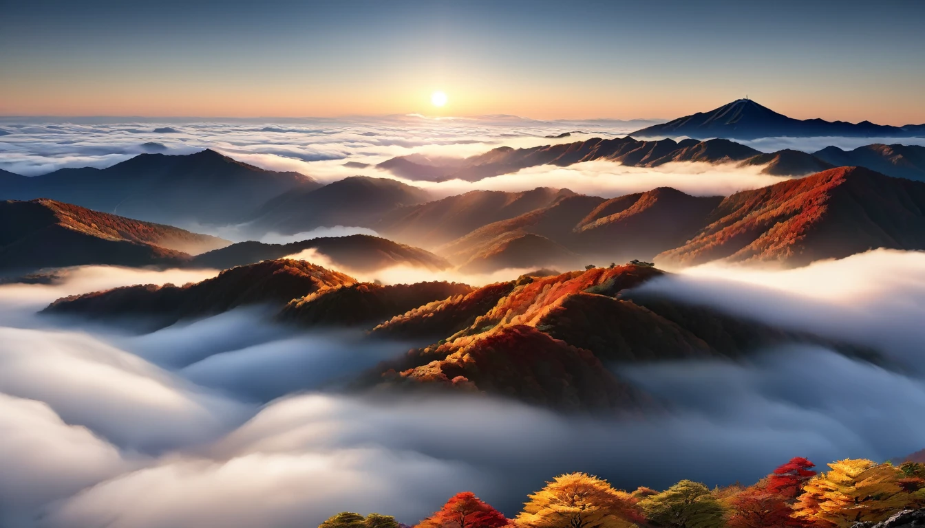 Japanese countryside, Valley, autumn, sunny, sea of clouds,morning, (Highest quality,4K,8k,High resolution,masterpiece:1.2),Very detailed,(Realistic,photoRealistic,photo-Realistic:1.37),High resolution,超High resolution,Studio Lighting,Vibrant colors,Professional