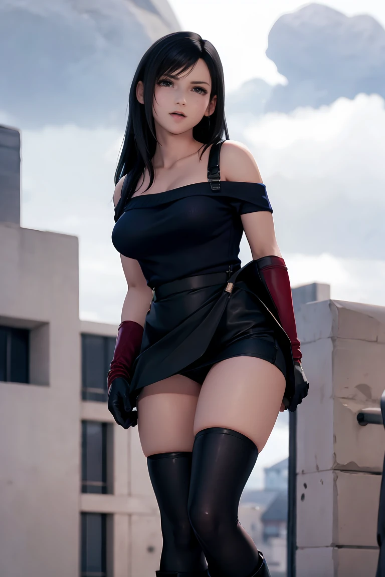 1girl, perfect face, ((absurd res)), tifa lockhart, navy sweater, off-shoulder sweater, black skirt,  thigh-highs, gloves, suspenders, red boots, full body, 