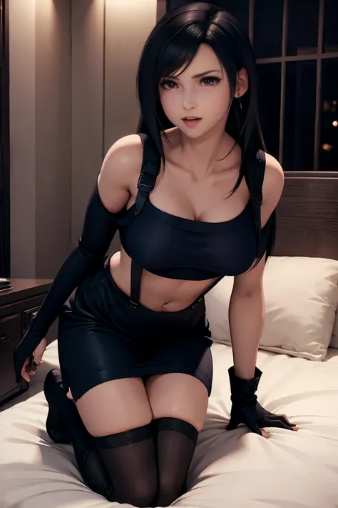 1girl, perfect face, ((absurd res)), tifa lockhart, navy sweater, off-shoulder sweater, black skirt,  thigh-highs, gloves, suspe...