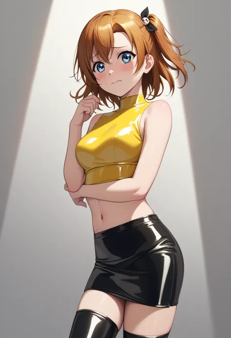 masterpiece, best quality,8k wallpaper, kousaka honoka, blue eyes, medium hair,(bright yellow sleeveless latex crop top:1.2) , e...