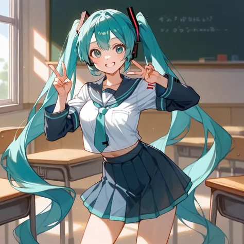 masterpiece,,very detailed、classroom, hatsune miku、very long hair、very short dark blue skirt、growing breasts、summer sailor unifo...