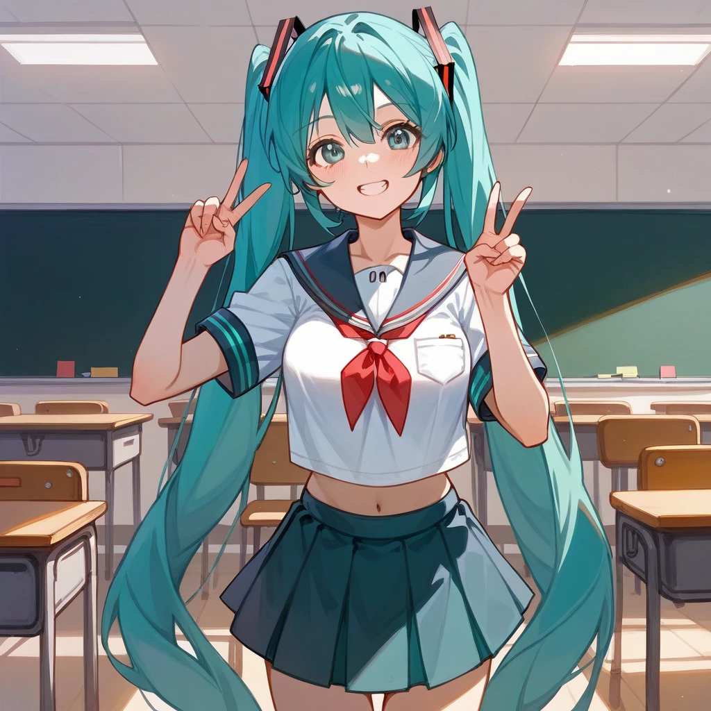 masterpiece,,Very detailed、classroom, Hatsune Miku、Very long hair、Very short dark blue skirt、Growing breasts、Summer sailor uniform、Twin tails, The body is slim,V sign、One-handed peace sign、smile