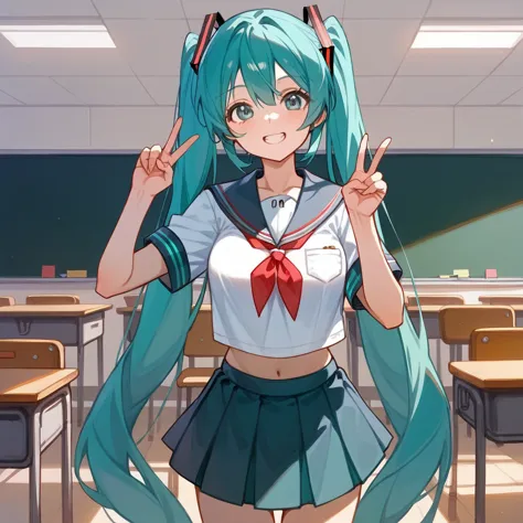 masterpiece,,very detailed、classroom, hatsune miku、very long hair、very short dark blue skirt、growing breasts、summer sailor unifo...