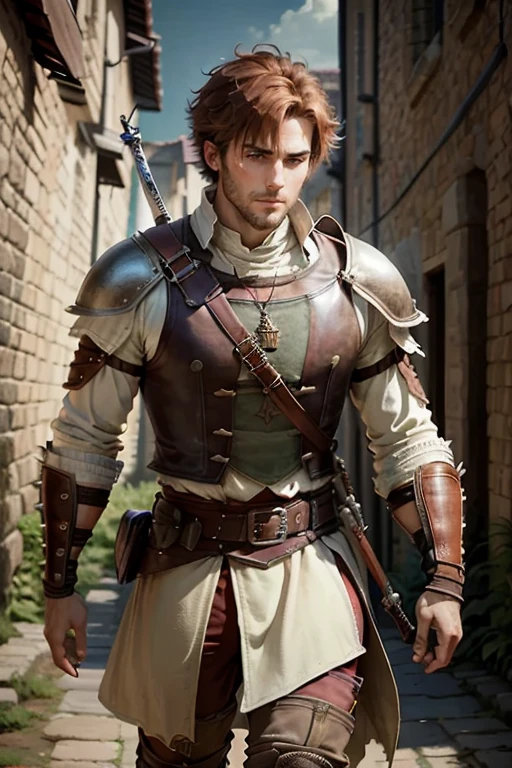 35 year old man with short spiky reddish brown hair, messy fringe hairstyle, medieval hunter clothing, brown eyes holding a sword muscular build, brown leather belt, brown leather belt boots, medieval city background with magic symbols