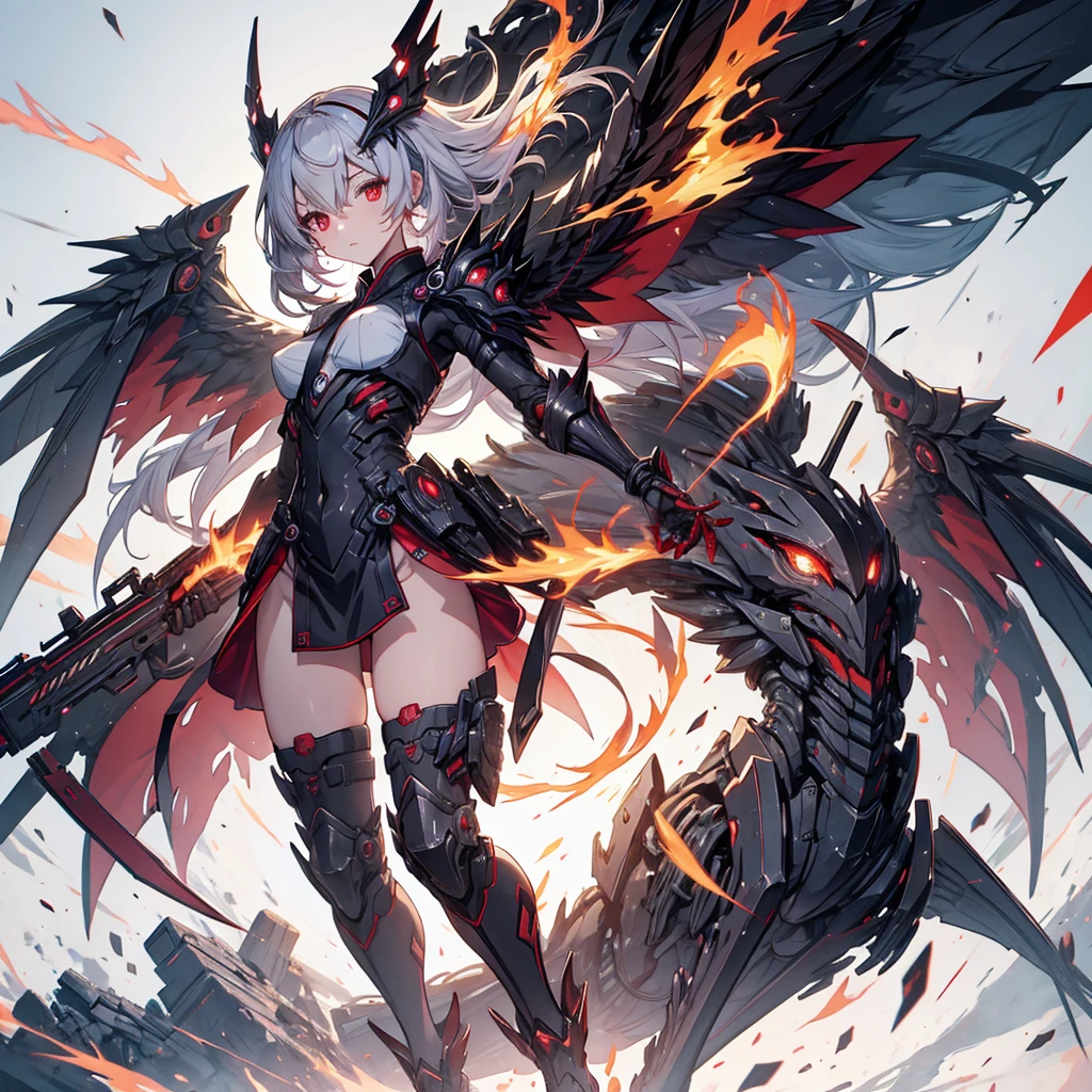 (masterpiece, Highest quality), (Perfect athletic body:1.2), (Detailed Hair), Very detailed, Anime Style, whole body, Cyber Ninja Girl, In Cyber Kimono, Gray Hair, Red eyes, Eye patch, Flaming fist, Wings formed from burning ash, Wearing long boots, White Background, whole body, Standing in the wasteland.