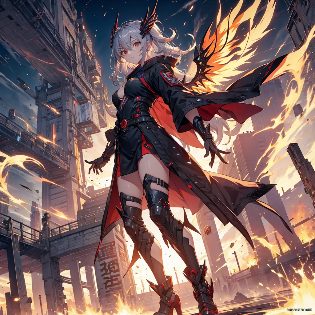 (masterpiece, Highest quality), (Perfect athletic body:1.2), (Detailed Hair), Very detailed, Anime Style, whole body, Cyber Ninja Girl, In Cyber Kimono, Gray Hair, Red eyes, Eye patch, Flaming fist, Wings formed from burning ash, Wearing long boots, White Background, whole body, Standing in the wasteland.