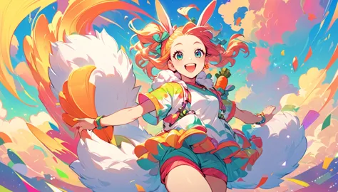 a cute girl with bunny ears and a fluffy tail, wearing a playful outfit, holding a carrot in one hand, happily hopping and danci...