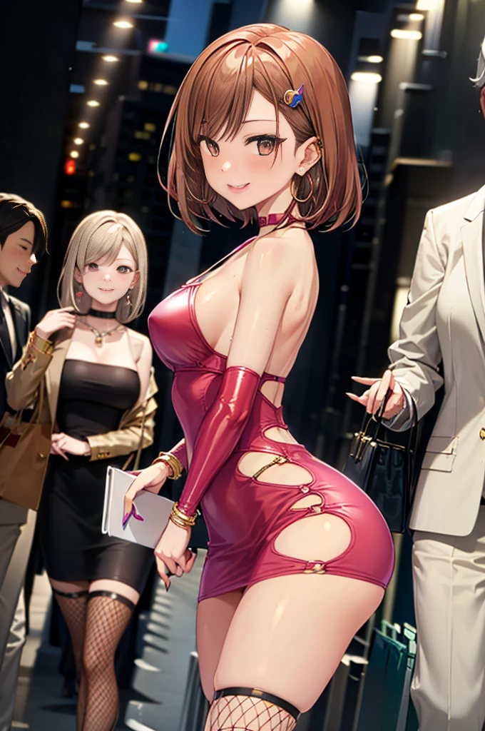 masterpiece, formal, (Mature women standing in a row、Sticking out towards the viewer:1.4), (Pink bodycon, Micro Dress:1.2), (Detailed eyes, Perfect Face, Face Focus:1.2), (Highly wrinkled, shiny clothing that reflects light:1.2), Glitter, Sparkling gold, (Hoop Earrings), necklace, Fishnet tights, hair ornaments, latex, Glowing Skin, Attractive perfect female proportions, Detailed surface texture, Wicked Smile, blush, (venue)