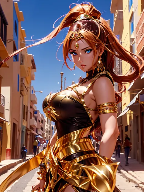 8k wallpaper of a beautiful anime girl wearing gold jewelry on the streets of a city in western sahara, written by artgerm, comp...