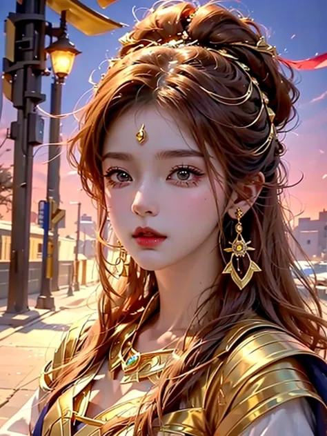 8k wallpaper of a beautiful anime girl wearing gold jewelry on the streets of a city in western sahara, written by artgerm, comp...