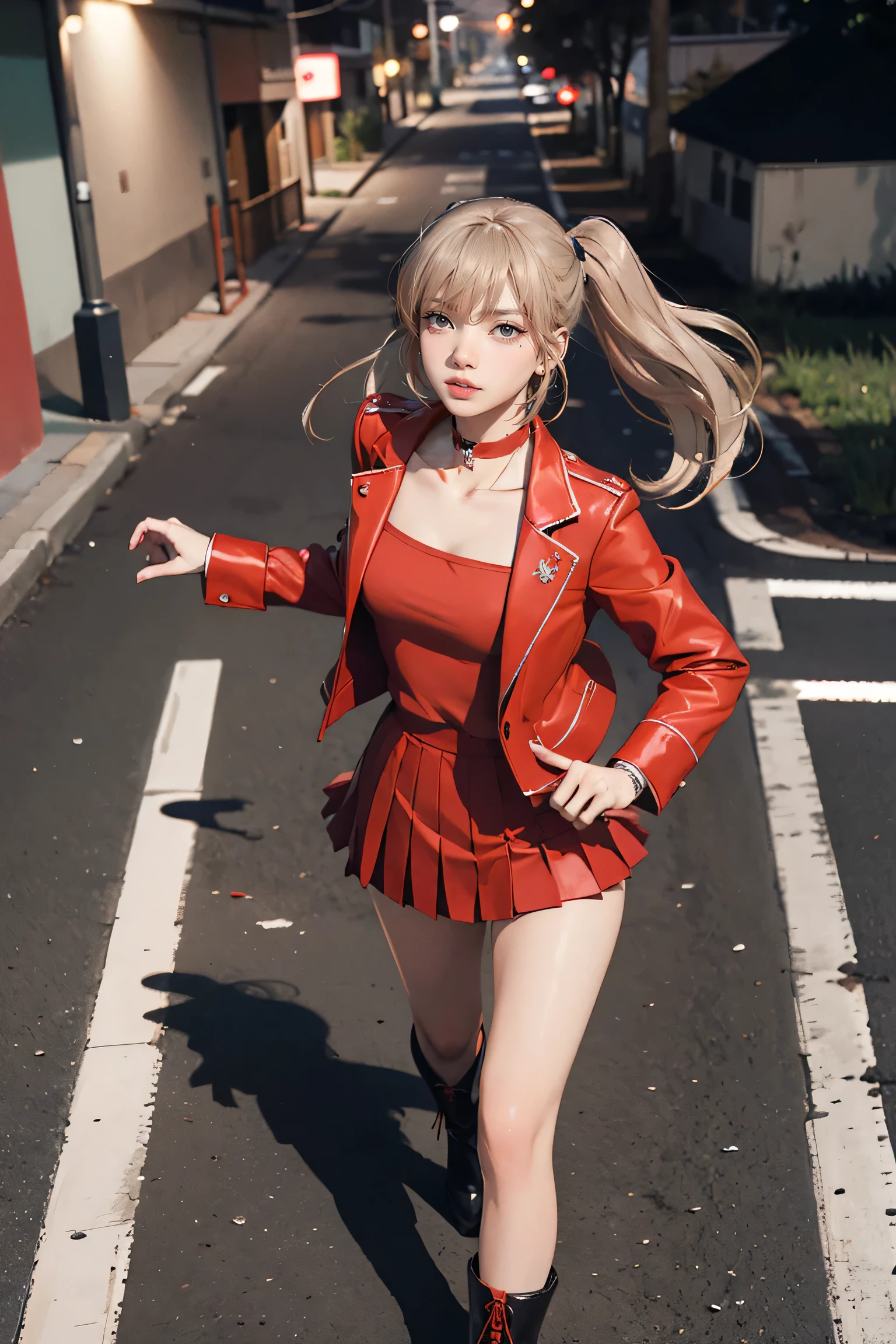 masterpiece, Highest quality, Red knee socks, Red jacket, Pleated skirt, Red Skirt, Long sleeve, choker, Red Shirt, Open jacket, White ribbon, Open clothes, High heel boots, Asphalt road, running, Traces of Gaze, Night Sky, neon, From above,, 