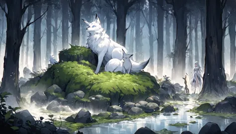 in the forest on a hazy moonlit night、the moment when a beautiful white fox transforms into a human woman、surrounded by fantasti...