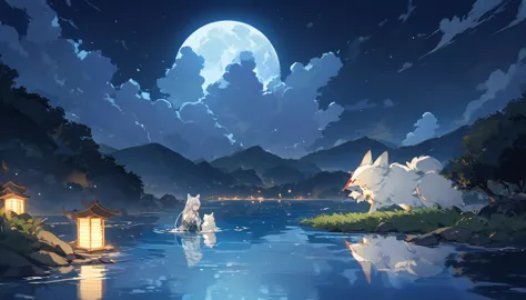 under the moonlight、a scene of abe no seimei and his mother, the white fox, quietly confronting each other.、a tranquil lake spre...