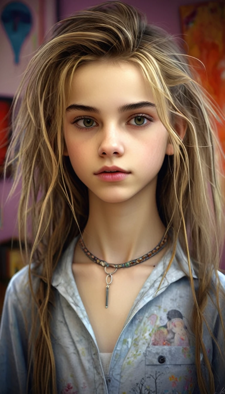 13 year old girl in her bedroom, with big toys ,skinny, slim, strange, Gentle, hair decoration , very detailed realistic texture, digital painting, very detailed photo