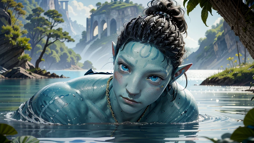 ((ultra detailed, masterpiece, absurdres))
AvAonung, 1boy, blue skin, blue eyes, black hair, looking at viewer, portrait, in a lake