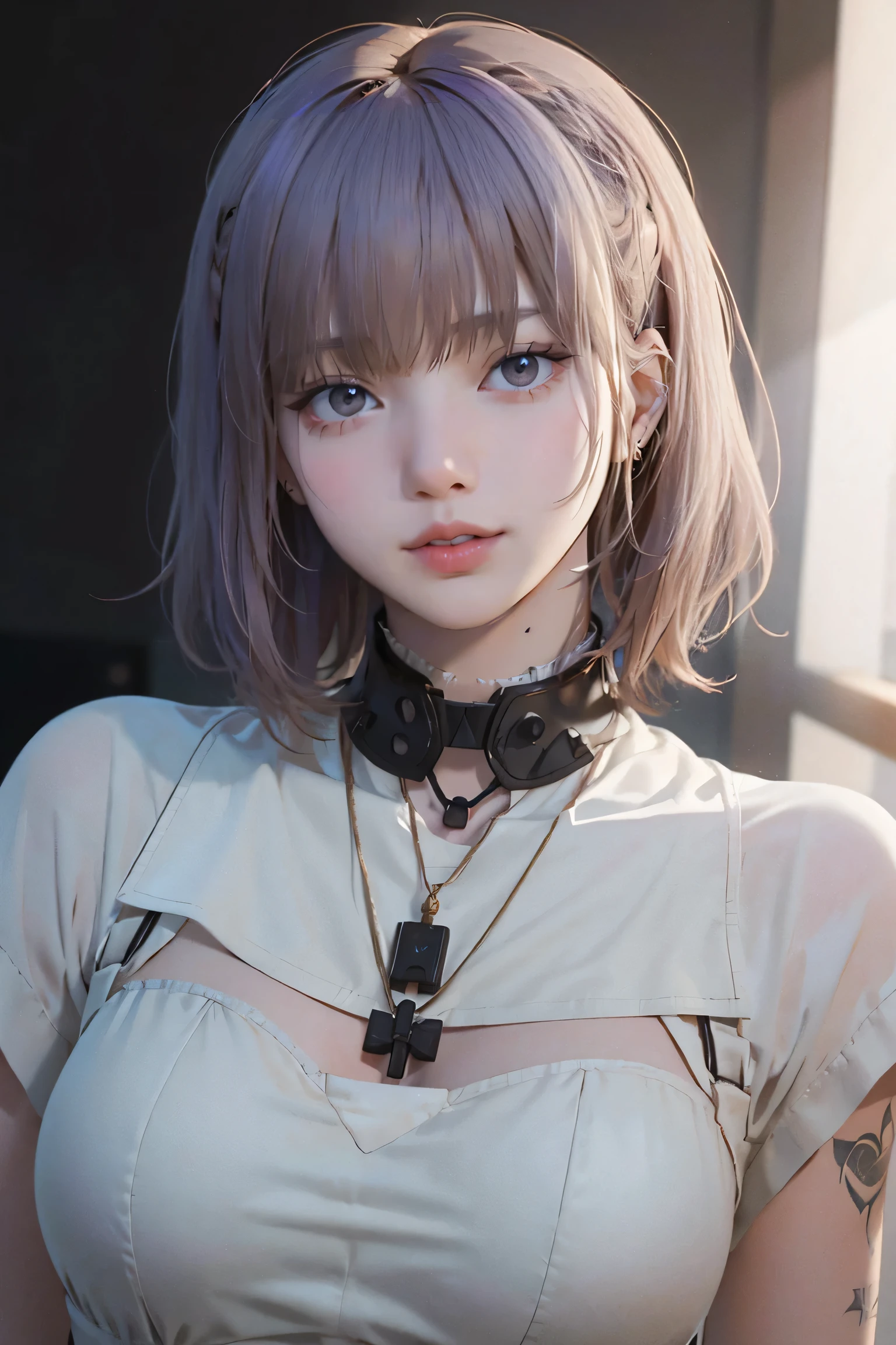 Close-up of a woman with tattoos on her chest, girl, Short white hair with bangs, Black strands of hair, Purple eyes, White T-shirt and white cape, Pendant around the neck. 超High resolution.Photorealistic. 超High resolution.Photorealistic:1.4,超High resolution. Realistic，High resolutionで, masterpiece, Highest quality, Very detailed, Better Shadows, Volumetric lighting), super high quality, High resolution, 8k, Ultra-Realistic Portraits , Photorealistic, Dynamic Lighting, Volumetric lighting, Very detailed顔