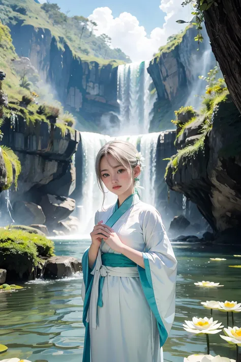 highly detailed film water and ocean palette, a bald female monk standing at the water's edge in white hanfu, a huge green snake...