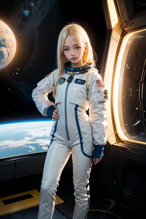 (young girl, 12 years old, blond hair, photorealistic, pale skin), (yellow (eyes:1.2)), (slim build:1.3), (fantasy space suit), ...