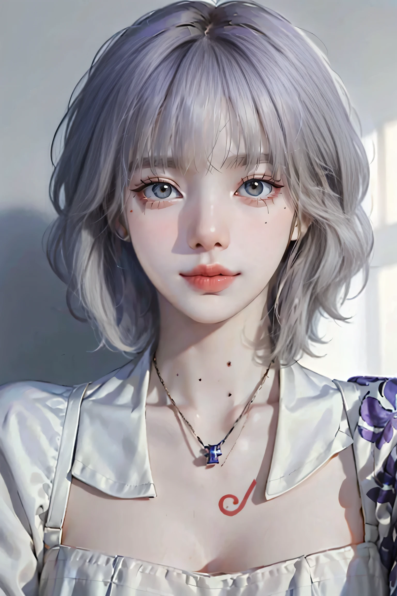 ((Close-up of a woman with tattoos on her chest)), girl, ((Short white hair with bangs, Black strands of hair)), Purple eyes, White T-shirt and white cape, Pendant around the neck. 超High resolution.Realistic. 超High resolution.Realistic:1.4,超High resolution. Realistic，High resolutionで, masterpiece, Highest quality, Very detailed, Better Shadows, Volumetric lighting), super high quality, High resolution, 8k, Ultra-Realistic Portraits , Realistic, Dynamic Lighting, Volumetric lighting, Very detailed顔,(Browsing Caution:1.2),Large Breasts