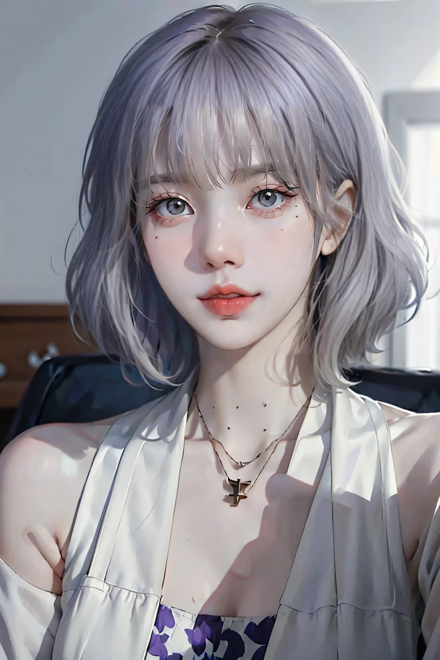 ((Close-up of a woman with tattoos on her chest)), girl, ((Short white hair with bangs, Black strands of hair)), Purple eyes, White T-shirt and white cape, Pendant around the neck. 超High resolution.Realistic. 超High resolution.Realistic:1.4,超High resolution. Realistic，High resolutionで, masterpiece, Highest quality, Very detailed, Better Shadows, Volumetric lighting), super high quality, High resolution, 8k, Ultra-Realistic Portraits , Realistic, Dynamic Lighting, Volumetric lighting, Very detailed顔,(Browsing Caution:1.2),Large Breasts