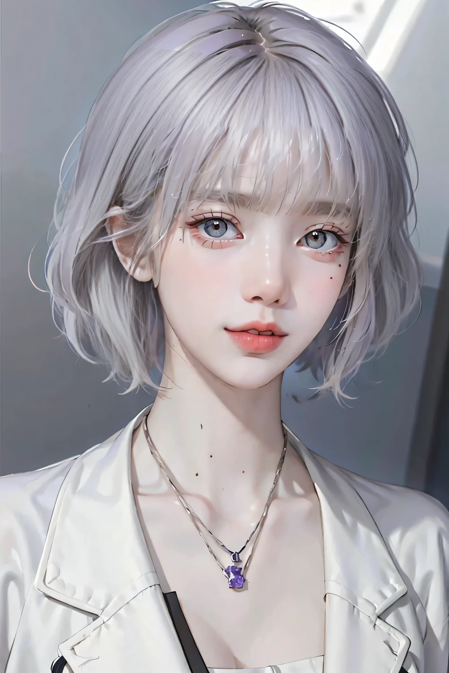 ((woman with tattoo on chest)), girl, ((Short white hair with bangs, Black strands of hair)), Purple eyes, White T-shirt and white cape, Pendant around the neck. 超High resolution.Realistic. 超High resolution.Realistic:1.4,超High resolution. Realistic，High resolutionで, masterpiece, Highest quality, Very detailed, Better Shadows, Volumetric lighting), super high quality, High resolution, 8k, Ultra-Realistic Portraits , Realistic, Dynamic Lighting, Volumetric lighting, Very detailed顔,(Browsing Caution:1.2),Large Breasts,Natural and beautiful standing posture, 