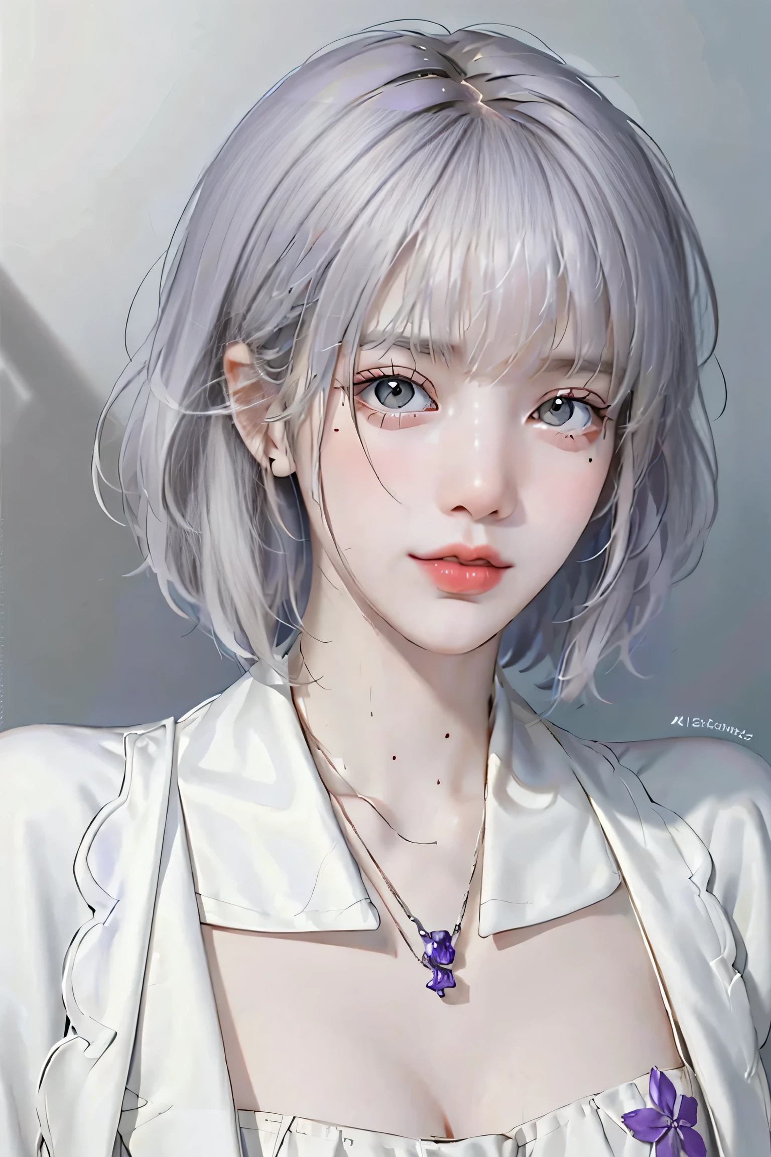 ((woman with tattoo on chest)), girl, ((Short white hair with bangs, Black strands of hair)), Purple eyes, White T-shirt and white cape, Pendant around the neck. 超High resolution.Realistic. 超High resolution.Realistic:1.4,超High resolution. Realistic，High resolutionで, masterpiece, Highest quality, Very detailed, Better Shadows, Volumetric lighting), super high quality, High resolution, 8k, Ultra-Realistic Portraits , Realistic, Dynamic Lighting, Volumetric lighting, Very detailed顔,(Browsing Caution:1.2),Large Breasts,Natural and beautiful standing posture, 