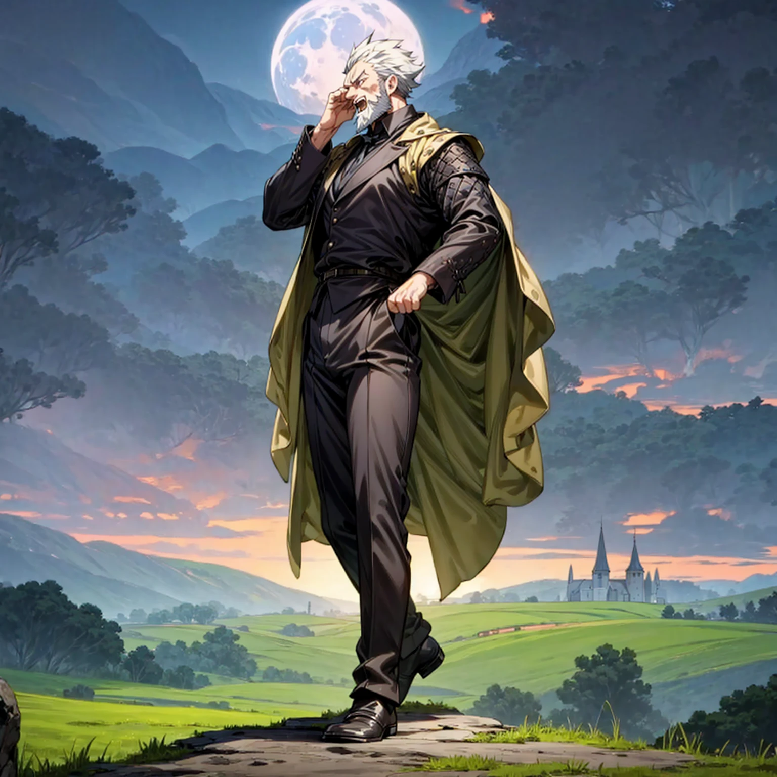 Solo character, old man, short beard, full body version, very big muscle, black eyes, black colour hair, short haircut, formal suit clothing, heavy armor, boots, outdoor, village, field, medieval, evening, Moonlight, standing gesture, (one piece style art), detailed clothing, detailed hair, detailed background, open mouth,, laugh, bigger hand