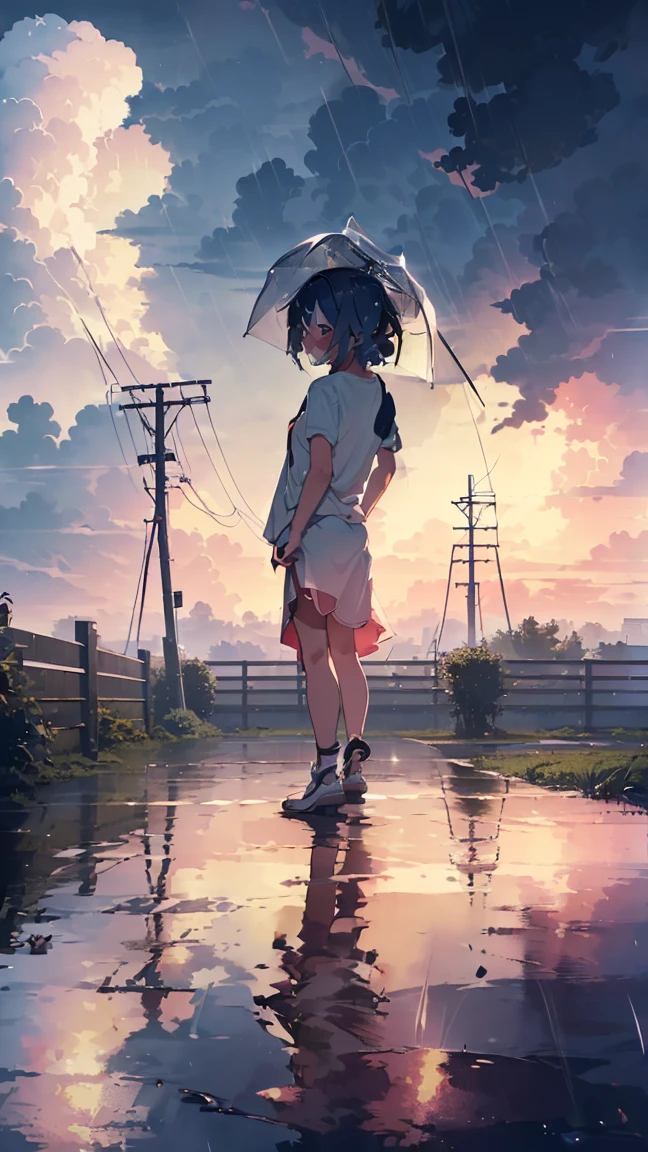 masterpiece, Highest quality, High resolution, Very detailed,(((Mikoto Naruka))), (((evening)))、(((laughing。)))、(((Standing in the distance))), (((Facing forward。))), (((Back view))), (((thunderstorm))), (((Electric pole))), (((White T-shirt))), (((Sheltering from the rain。))), (((Against the background of cloudy sky))), (((Rain Clouds)))