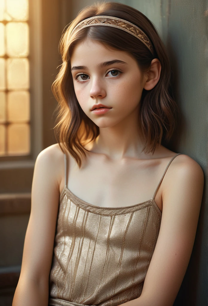 (Cinematic photo:1.3) From (Thigh-length photos:1.3),(skinny:1.3) Beautiful 12 year old girl, (complex brown hair), Highly detailed texture кожи, realistic texture кожи, looks straight into the camera, (looks at the viewer) ), pout, , Shine, Dramatic, Dreamy,, elegant, strange, gentle, Highly detailed, difficult, UHD Digital Photography, , skinny shoulders, Photo to the knees , beautiful young girl, big, Beautiful body, highly detailed full-length shot, Dreamy, , strange, gentle, detailed hair band, Highly detailed texture, realistic texture, digital painting, highly detailed photo, (art deco: 1 .хFromоралFromм:1.3),(Classic realotm:1.3),(Fujifilm Superia:1.3),, golden hour light,