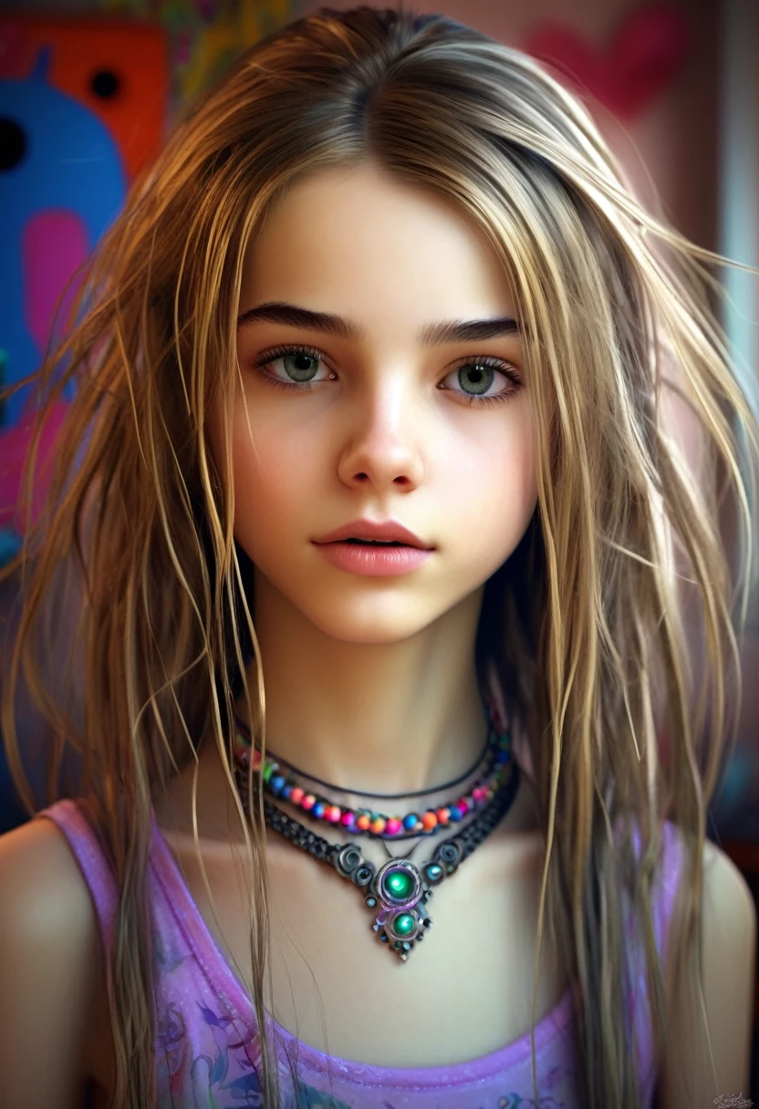 13 year old girl in her bedroom, with big toys ,skinny, slim, strange, Gentle, hair decoration , very detailed realistic texture, digital painting, very detailed photo