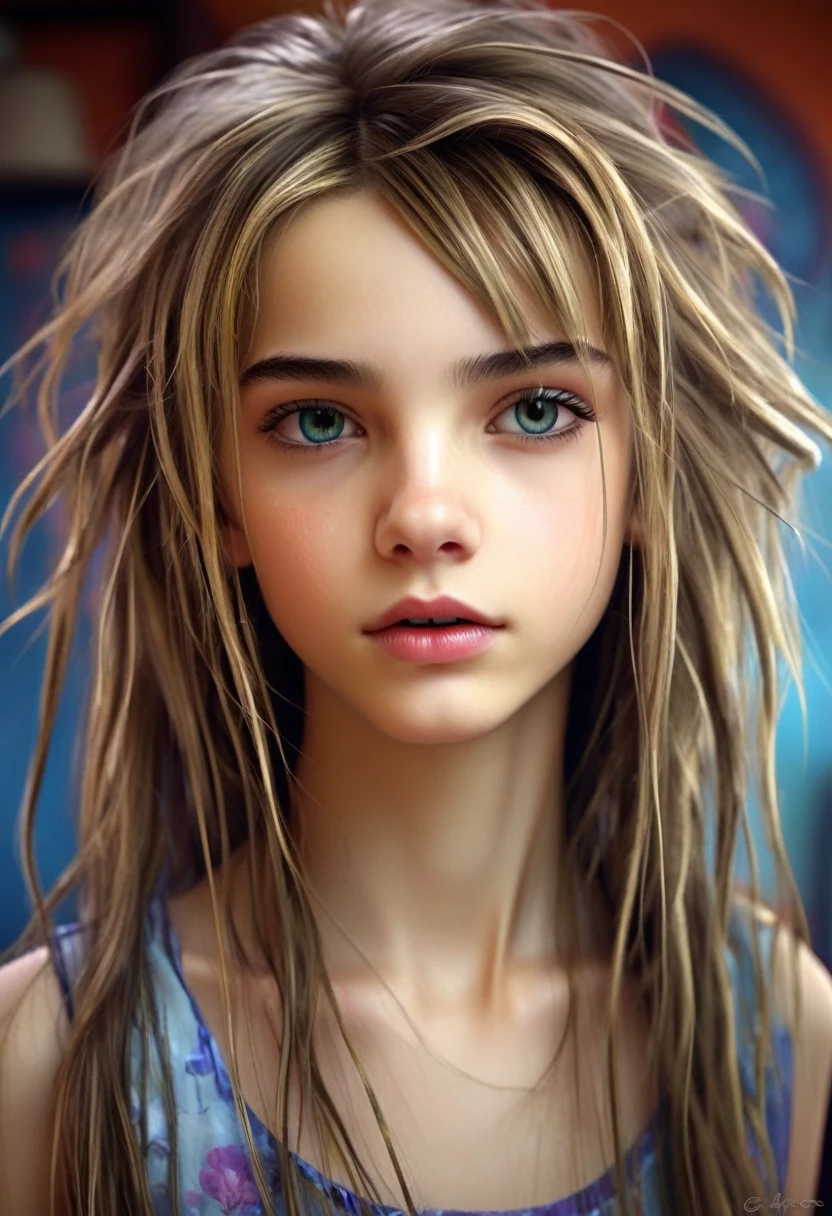 13 year old girl in her bedroom, with big toys ,skinny, slim, strange, Gentle, hair decoration , very detailed realistic texture, digital painting, very detailed photo