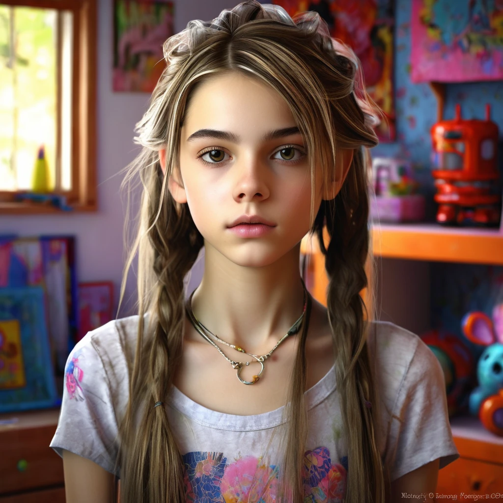 13 year old girl in her bedroom, with big toys ,skinny, slim, strange, Gentle, hair decoration , very detailed realistic texture, digital painting, very detailed photo