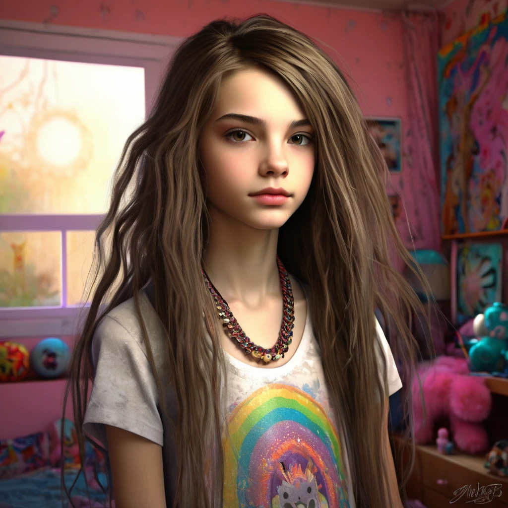 13 year old girl in her bedroom, with big toys ,skinny, slim, strange, Gentle, hair decoration , very detailed realistic texture, digital painting, very detailed photo