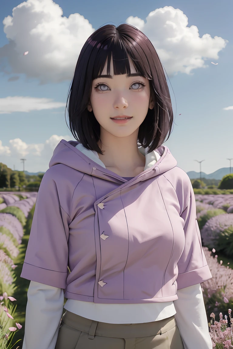 masterpiece, absurdres, hinata\(boruto\), 1girl, solo,mature female, purple hoodie,layered sleeves, brown pants,  outdoors,lavender flower field, looking at viewer, (falling petals), cloudy sky, perfect composition, detailed lips, big breast, beautiful face, body propotion, blush, (pink lips), long hair,  purple eyes,  soft gaze, sad smile,  super realistic, detailed, photoshoot, realistic face and body,  realistic hair, realistic eyes, realistic nose, realistic lips