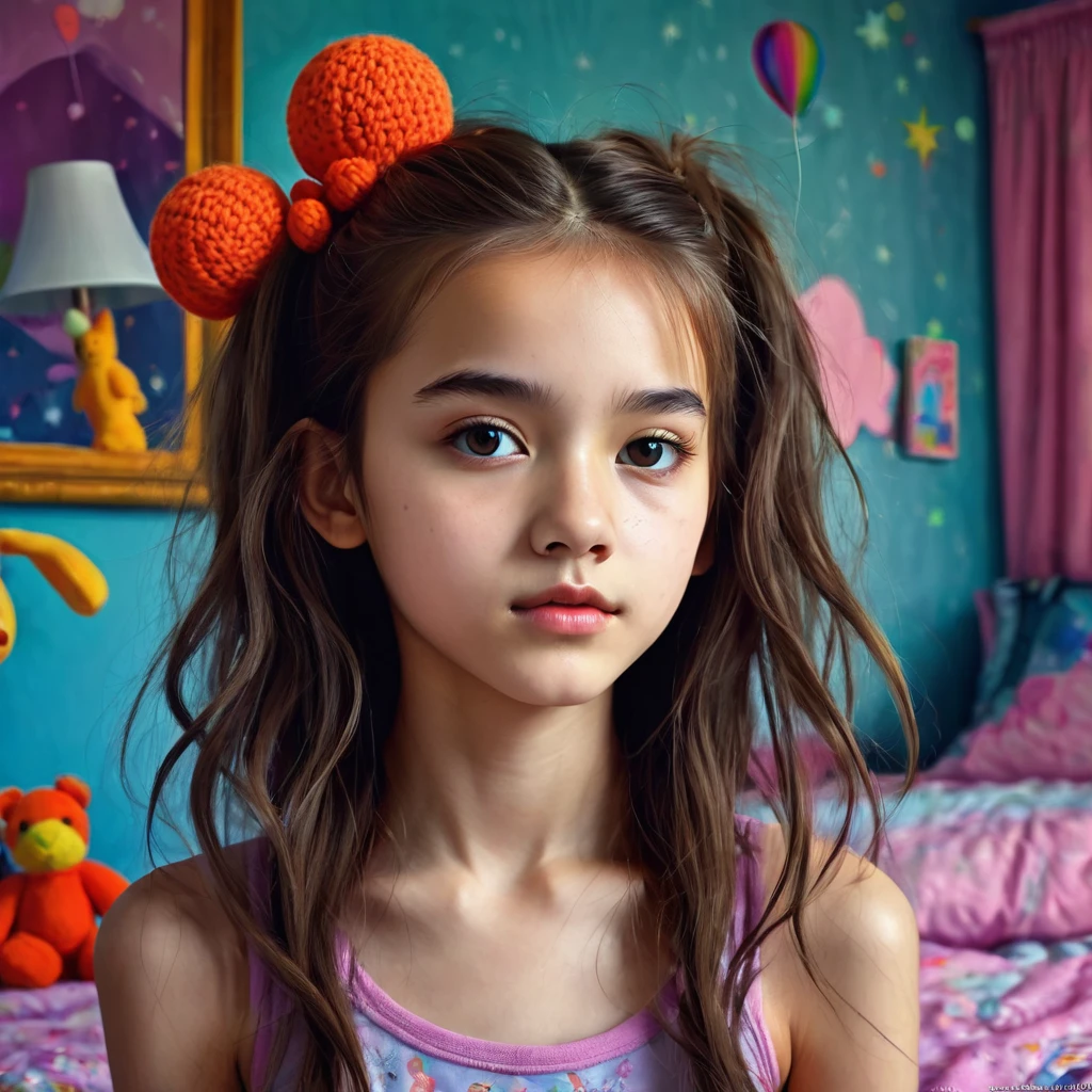 13 year old girl in her bedroom, with big toys ,skinny, slim, strange, Gentle, hair decoration , very detailed realistic texture, digital painting, very detailed photo