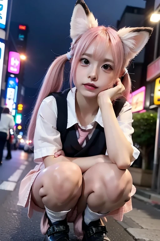 ,((Pink Hair))、((Pink Hair))、((Twin tails))、((Small fox ears))、((Highest quality、8k、masterpiece))、((Landmine Girl))Highest quality、Professional Writing、 Detailed workmanship、High resolution、(8k, High resolution:1.2)、(RAW Photos, Realistic:1.3)、masterpiece、Slim figure、High resolutionの顔、顔にピントが合っているone girl, (a beauty girl, delicate girl:1.3), (16 years old, change:1.3),((On the streets of Kabukicho at night))
break, Browsing Caution, (school uniform, Seraphim, panties:1.3),
break, Definition of very fine particles, (Symmetrical eyes:1.3),
break, (Squat:1.3), (Street view:1.3),
break, Small breasts, girl,
break, (Eye and facial details:1.0),
break, (masterpiece, Highest quality, Very detailed, Detailed face, 8k)、((Angle from below))、