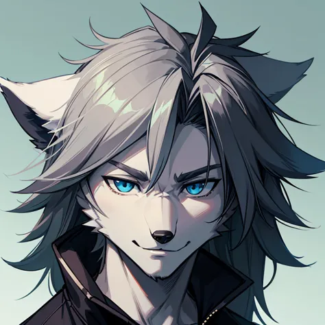 masterpiece, best quality, high quality, 1anime wolf, grey male wolf portait, has blue eyes, wearing black jacket, anthropomorph...