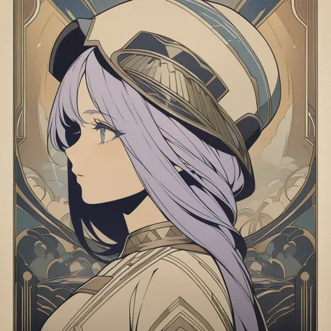 classy woman in a dress, 1girl, light purple hair, long hair, blue eyes, close up side profile, hat, hoyoverse style, centred, a...