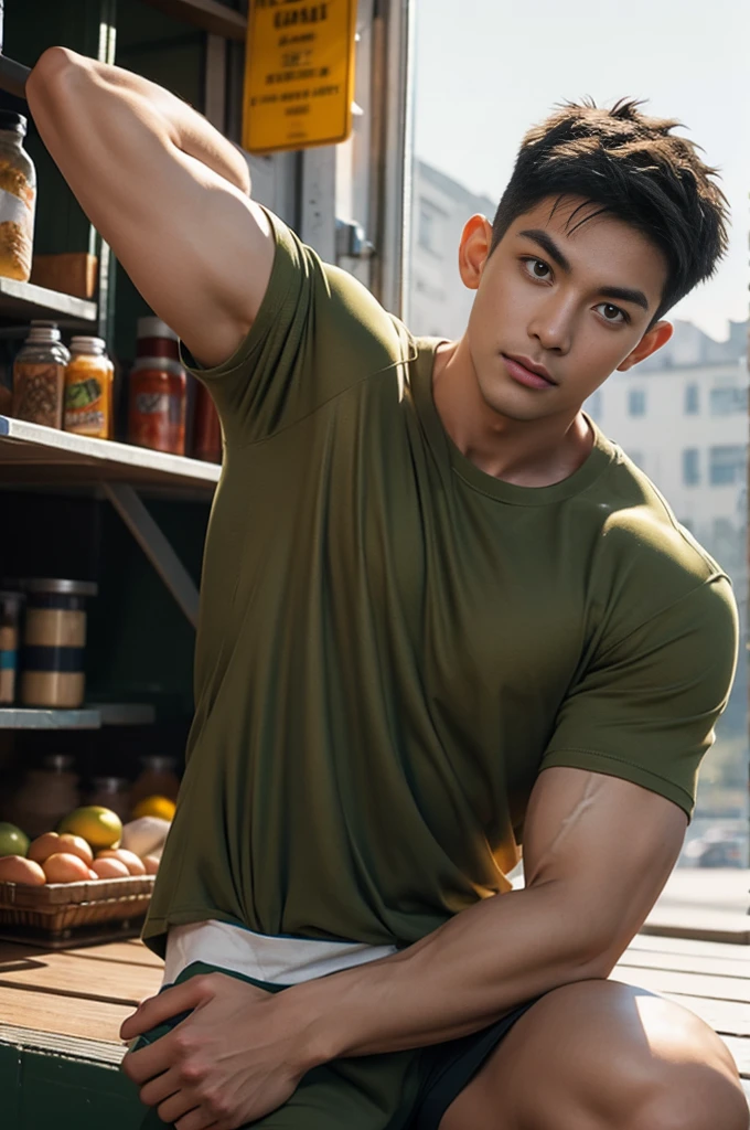 Old street food stalls next to the Armface building , Handsome young man , Kneeling on the bed , (have a mustache:1) ,(buzz cut:1.1), (short hair:1.2), Forearm, Have muscles, Broad shoulders, (Big muscles:1.2), looking at the audience, Balancing the eyes, (Make eye contact), (Tight-fitting olive green t-shirt:1.5), black cloth pants, Big muscles, หล่อและHave muscles, full body angle, natural light , (in the room:1.1) Form-fitting fabric hugs the bust.，In a distant warehouse，His hands were tied behind his back.，