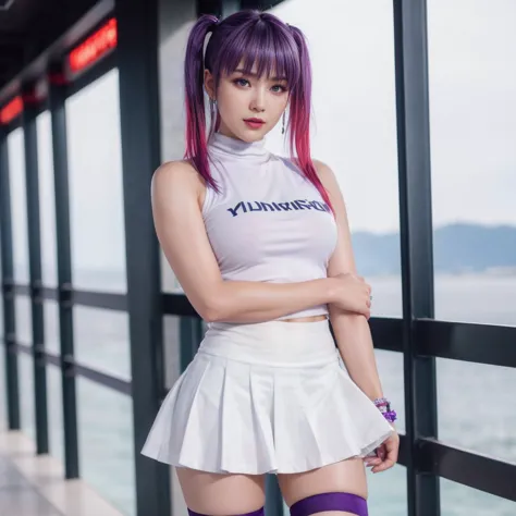 ayane, purple hair, red eyes, (best quality, ultra-detailed), (realistic:1.37), beautiful and detailed face, ultra-realistic tex...