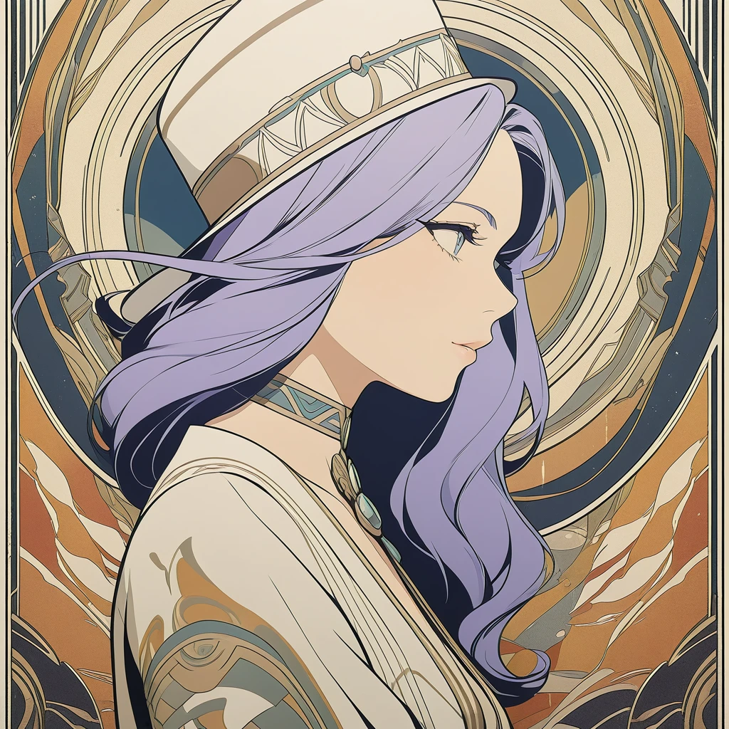 classy woman in a dress, 1girl, light purple hair, long hair, blue eyes, close up side profile, hat, hoyoverse style, centred, art deco, movie poster, masterpiece, 4k, hd, best quality, detailed, thick line art, variable line art, vintage poster, carnival style, extravagent,