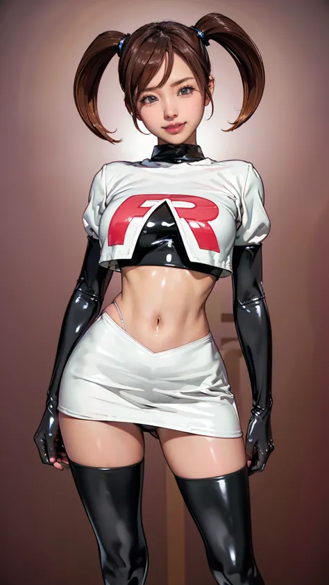 (masterpiece, highest quality, in 8k, very detailed, high resolution, realistic:1.2), (latex team rocket uniform:1.3), (grin:1.2...