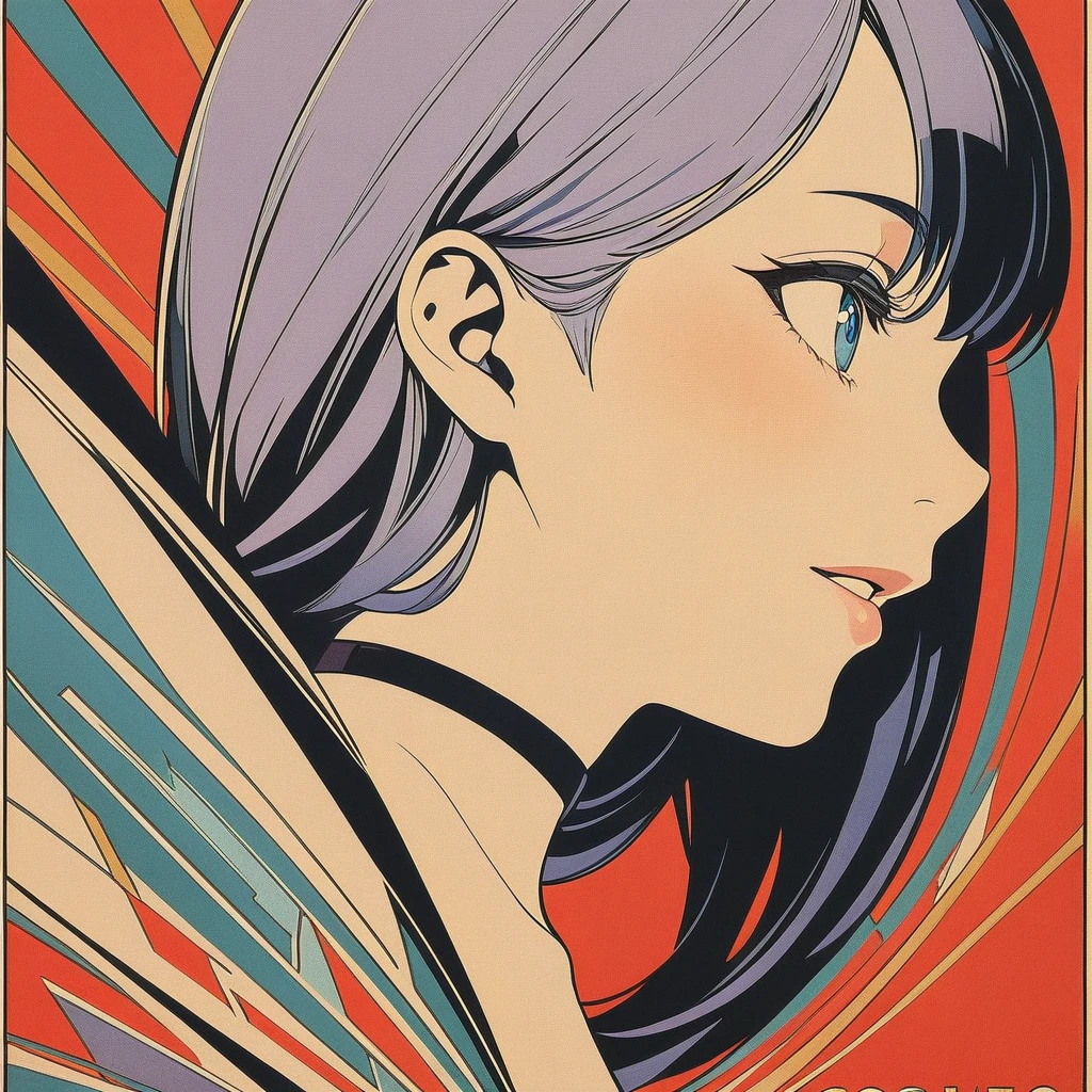 classy woman in a dress, 1girl, light purple hair, long hair, blue eyes, extreme close up side profile, black clothes, red background, centred, art deco, movie poster, masterpiece, 4k, hd, best quality, detailed, thick line art, variable line art, vintage poster, carnival style, extravagent,