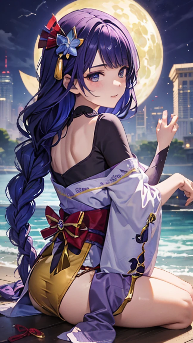 Cute Girls、Spread your legs、Butt、On all fours、Panties、Buttを突き出す、look back、Dark purple kimono、kneel、Low - Angle、Braided long hair、Purple Hair、night、Buttを見せる